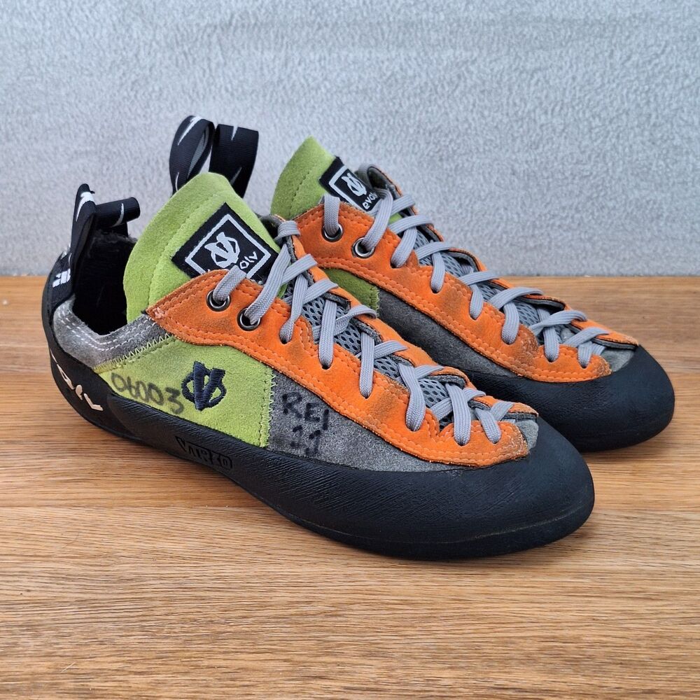 Evolv Womens 8 EU 39 Rock Climbing Shoes Black Green Orange Made in USA